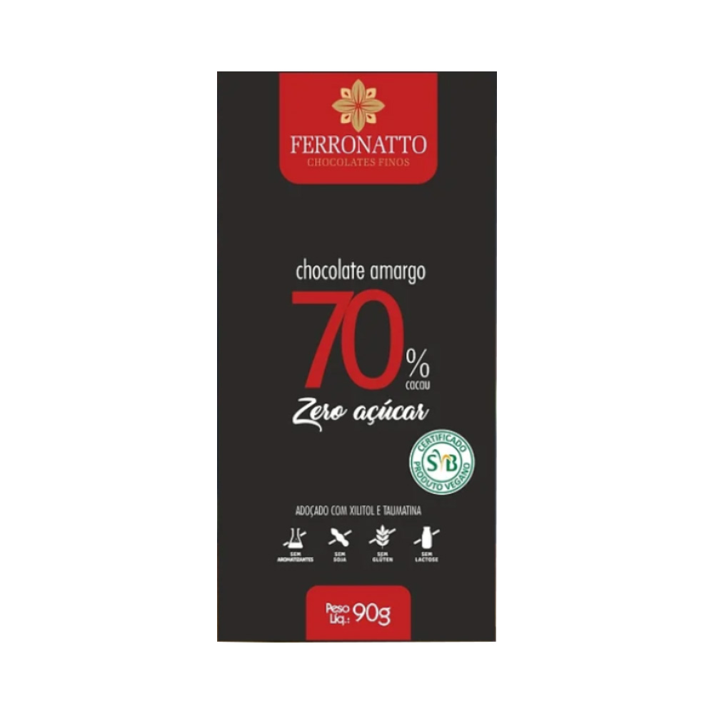 Barra de chocolate Amargo 70 Zero Acucar 90g Ferronatto