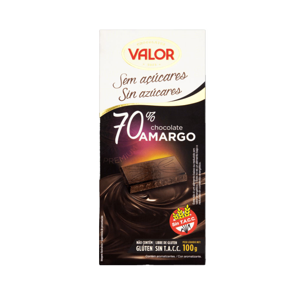 Chocolate Espanhol Valor 70% Dark Sem Adição de Acucar 100g