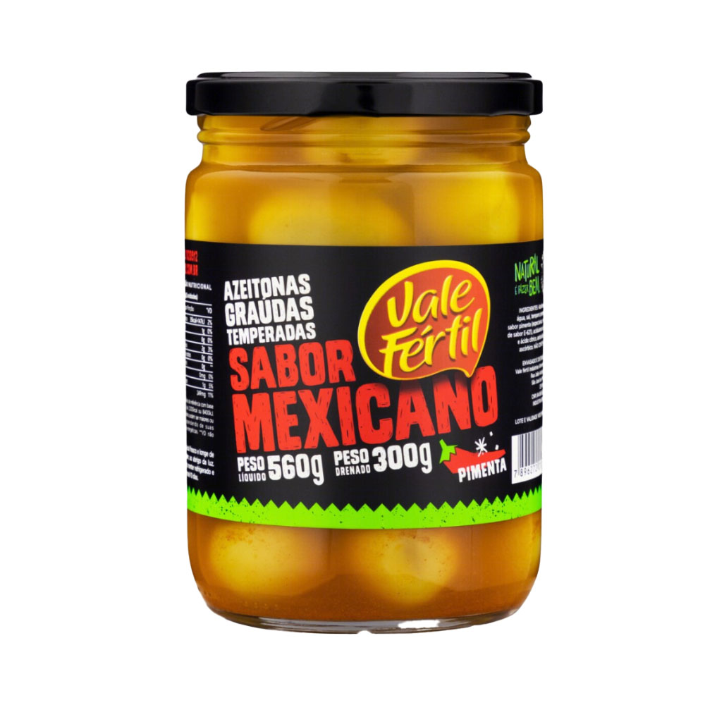 Azeitona Verde Temperada Sabor Mexicano Vale Fertil 300g